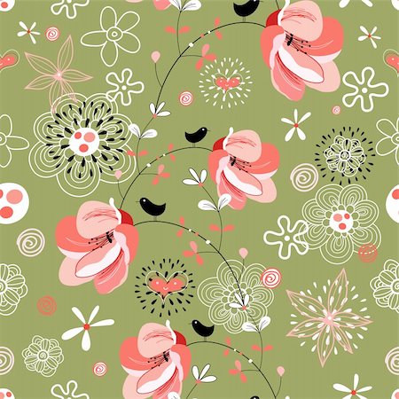 flowers on branch cartoon - bright red floral pattern with birds on a dark green background Stock Photo - Budget Royalty-Free & Subscription, Code: 400-04348226