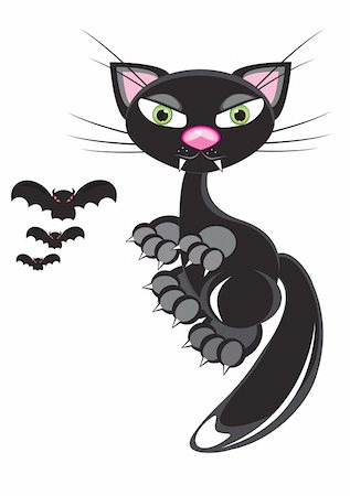 scary black cat - A black Cat and Bats. Illustration on white Stock Photo - Budget Royalty-Free & Subscription, Code: 400-04348405