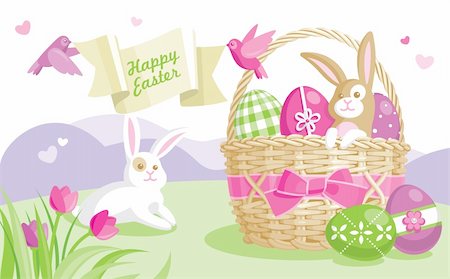 decorative flowers and birds for greetings card - Easter illustration with colored eggs and cute bunnies on spring background Photographie de stock - Aubaine LD & Abonnement, Code: 400-04348580