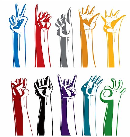 fist vectors - Set of gesturing hands. Stylized illustration icons collection. Painted with symbolic colors. Stock Photo - Budget Royalty-Free & Subscription, Code: 400-04349384