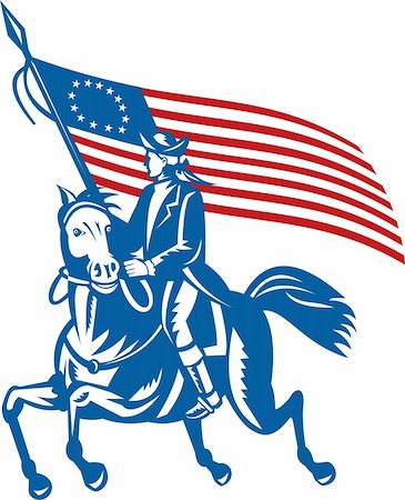 simsearch:400-07325294,k - illustration of an American revolutionary general a riding horse with Betsy Ross Flag Fotografie stock - Microstock e Abbonamento, Codice: 400-04349590