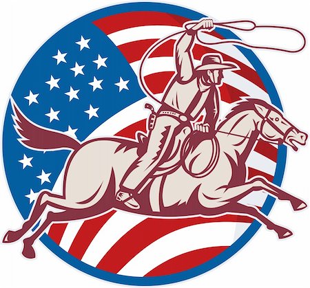 illustration of a cowboy riding horse with lasso and american flag Stock Photo - Budget Royalty-Free & Subscription, Code: 400-04349675
