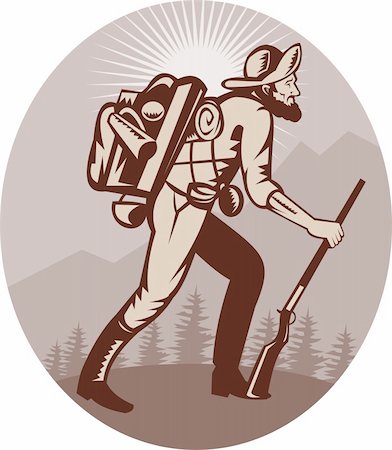 illustration of a Miner prospector hunter trapper hiking with sunburst in background Stock Photo - Budget Royalty-Free & Subscription, Code: 400-04349698