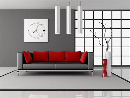black and red living room with leather couch with pillow - rendering Stock Photo - Budget Royalty-Free & Subscription, Code: 400-04349759
