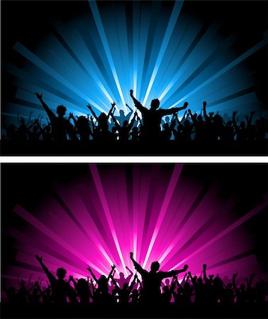 Silhouette of a crowd scene on different coloured starburst backgrounds Stock Photo - Budget Royalty-Free & Subscription, Code: 400-04349797