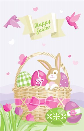decorative flowers and birds for greetings card - Easter illustration with colored eggs, basket and cute bunny on spring background Stock Photo - Budget Royalty-Free & Subscription, Code: 400-04349792