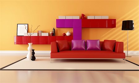 red cushion on a sofa - bright red purple and orange contemporary lounge - rendering Stock Photo - Budget Royalty-Free & Subscription, Code: 400-04340147