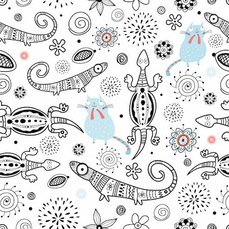 seamless pattern of graphic lizards and cats on a white background Foto de stock - Super Valor sin royalties y Suscripción, Código: 400-04340659