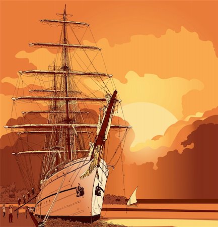 seascape drawing - vector illustration of a sailing boat at sunset Stock Photo - Budget Royalty-Free & Subscription, Code: 400-04340829