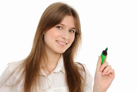 sales training - woman drawing something on screen with a pen - isolated over a white background Stock Photo - Budget Royalty-Free & Subscription, Code: 400-04341398