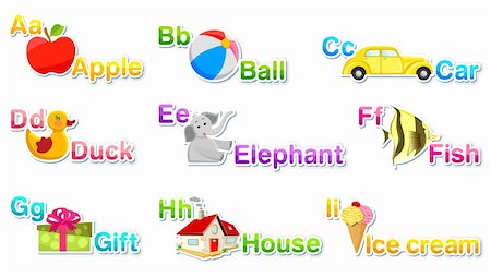 illustration of alphabet set with associate objects on isolated background part 1 Foto de stock - Super Valor sin royalties y Suscripción, Código: 400-04341467