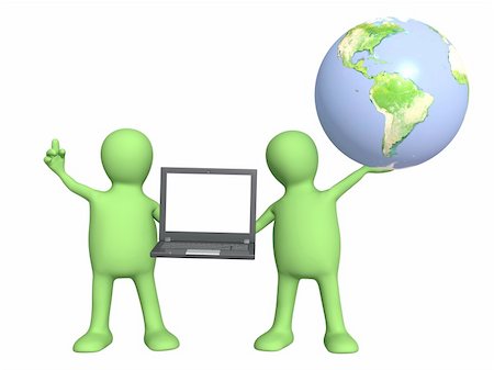 3d puppets with laptop and Earth. Isolated over white Stock Photo - Budget Royalty-Free & Subscription, Code: 400-04341498