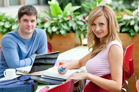 Smiling couple of students working together in the cafeteria of their university Stock Photo - Budget Royalty-Free & Subscription, Code: 400-04341790