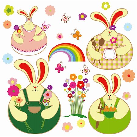 rabbit butterfly picture - Set of colorful rabbit with springtime floral, butterfly and rainbow Stock Photo - Budget Royalty-Free & Subscription, Code: 400-04341896