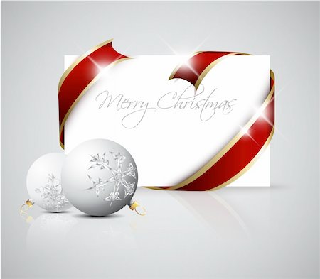Christmas card - red  ribbon around blank paper with christmas decorations Stock Photo - Budget Royalty-Free & Subscription, Code: 400-04342484