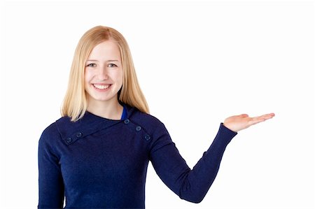 empfehlen - Young beautiful blond woman holds palm with ad space. Isolated on white background. Stockbilder - Microstock & Abonnement, Bildnummer: 400-04342563