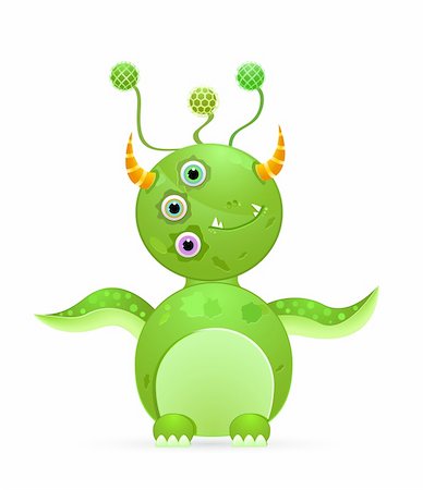 scary eyes drawing - green cute monster with three eyes and horn isolated on white background Stock Photo - Budget Royalty-Free & Subscription, Code: 400-04342717