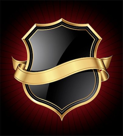 Black shield with a golden frame and a gold ribbon for your message Stock Photo - Budget Royalty-Free & Subscription, Code: 400-04342710