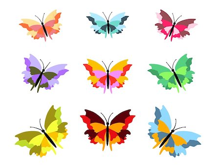 Nine illustrated colorful butterflies over a white background Stock Photo - Budget Royalty-Free & Subscription, Code: 400-04342824