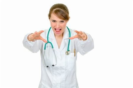 simsearch:400-04351236,k - Angry medical doctor woman with stethoscope wants to catch you isolated on white Photographie de stock - Aubaine LD & Abonnement, Code: 400-04343014