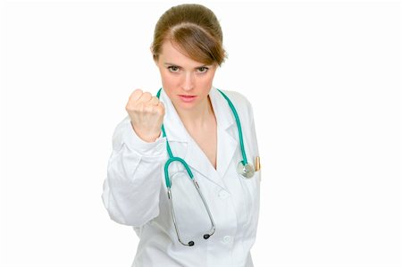 simsearch:400-04351236,k - Angry medical doctor woman threaten with fist isolated on white Stock Photo - Budget Royalty-Free & Subscription, Code: 400-04343015
