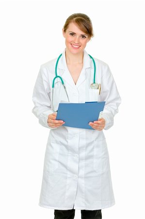 simsearch:400-04351236,k - Smiling  doctor woman holding medical chart in hand isolated on white Photographie de stock - Aubaine LD & Abonnement, Code: 400-04343017