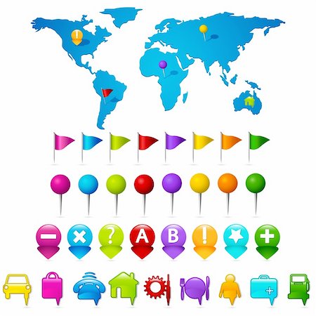 illustration of world map with set of gps indicator button Stock Photo - Budget Royalty-Free & Subscription, Code: 400-04343366