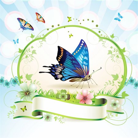 simsearch:400-06170897,k - Blue butterfly with flowers and ribbon Photographie de stock - Aubaine LD & Abonnement, Code: 400-04343538