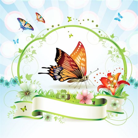 simsearch:400-06170897,k - Red butterfly with flowers and ribbon Photographie de stock - Aubaine LD & Abonnement, Code: 400-04343539