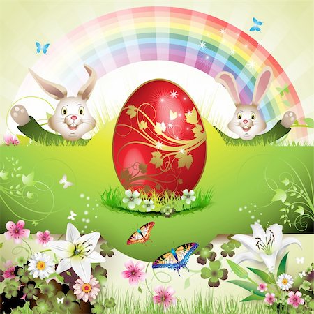 simsearch:400-06073581,k - Easter card with bunny, butterflies and decorated egg on grass Foto de stock - Royalty-Free Super Valor e Assinatura, Número: 400-04343549