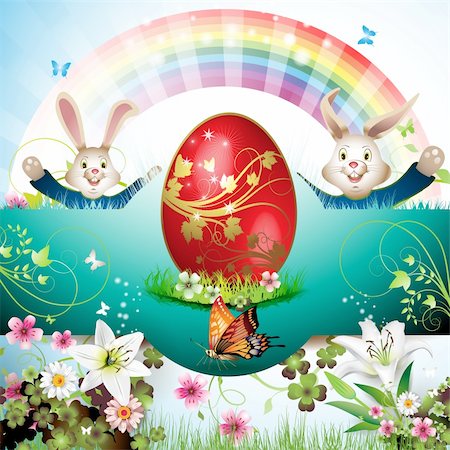 simsearch:400-06073581,k - Easter card with bunny, butterflies and decorated egg on grass Foto de stock - Royalty-Free Super Valor e Assinatura, Número: 400-04343558