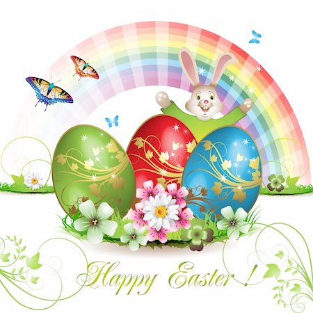 rabbit butterfly picture - Easter card with bunny, butterflies and decorated egg on grass Stock Photo - Budget Royalty-Free & Subscription, Code: 400-04343559