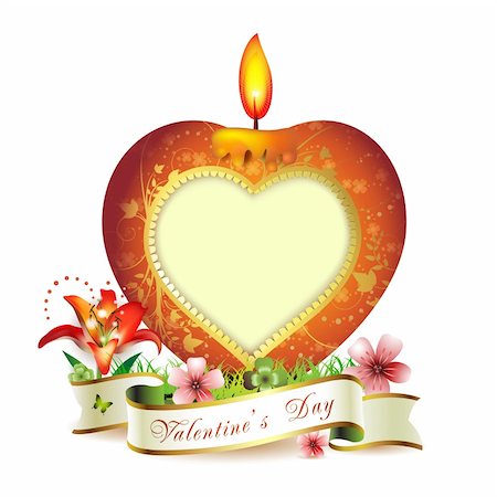 flame lily - Red elegant candle with heart shape, gold decorations, flowers, ribbon and space for text isolated on white, for Valentine's day Stock Photo - Budget Royalty-Free & Subscription, Code: 400-04343575