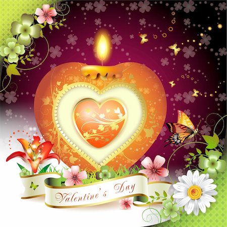 flame card vector - Valentine's day card. Red elegant candle with heart shape, gold decorations, flowers and ribbon Stock Photo - Budget Royalty-Free & Subscription, Code: 400-04343577