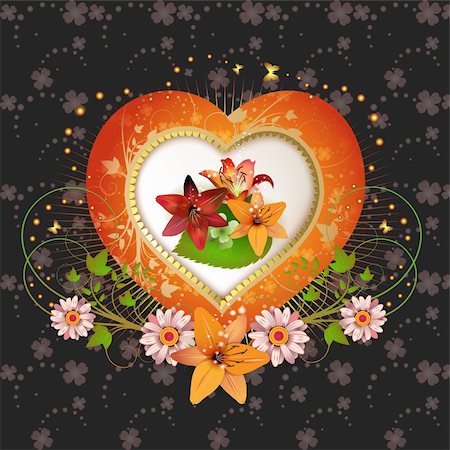 simsearch:400-04783303,k - Floral frame with shape heart, lily and gold decoration for Valentine's day Foto de stock - Super Valor sin royalties y Suscripción, Código: 400-04343573