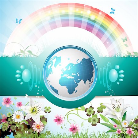 simsearch:400-05366140,k - Blue Earth with flowers, butterflies and rainbow Fotografie stock - Microstock e Abbonamento, Codice: 400-04343583