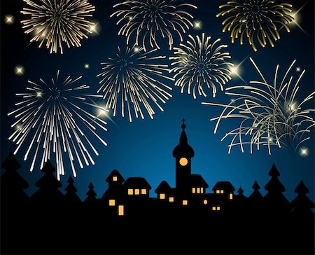 exploding ice - New Year card - night village and fireworks Stock Photo - Budget Royalty-Free & Subscription, Code: 400-04343628
