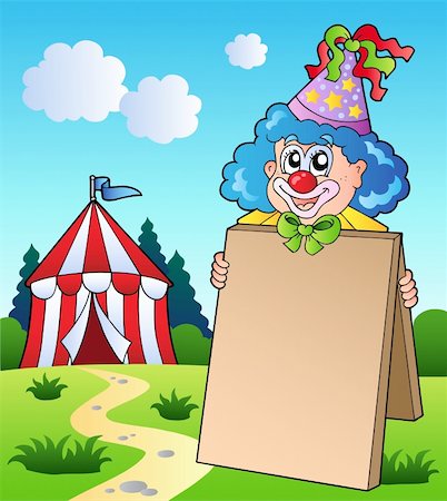 simsearch:846-03164084,k - Clown holding board near tent - vector illustration. Stockbilder - Microstock & Abonnement, Bildnummer: 400-04343822