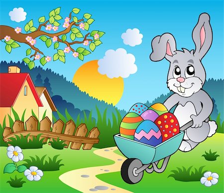 simsearch:400-04240953,k - Meadow with bunny and wheelbarrow - vector illustration. Foto de stock - Super Valor sin royalties y Suscripción, Código: 400-04343854