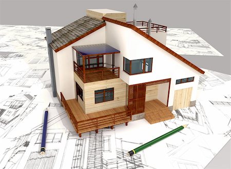 Three-dimensional model of individual house and pencil sketches Stock Photo - Budget Royalty-Free & Subscription, Code: 400-04343993
