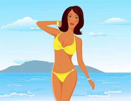 simsearch:400-04364845,k - Illustration pretty suntanned girl on beach - vector Foto de stock - Royalty-Free Super Valor e Assinatura, Número: 400-04354416