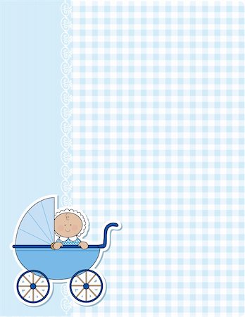 A background for the arrival of a new baby boy. Blue gingham and lace and a baby boy in a blue carriage are featured in this design Stock Photo - Budget Royalty-Free & Subscription, Code: 400-04354920