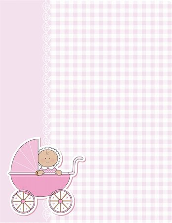 A background for the arrival of a new baby girl. Pink gingham and lace and a baby girl in a pink carriage are featured in this design Stock Photo - Budget Royalty-Free & Subscription, Code: 400-04354921