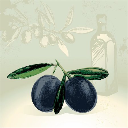 simsearch:400-04319110,k - Vector illustration - black olives with olive oil bottle in the background Foto de stock - Royalty-Free Super Valor e Assinatura, Número: 400-04356346