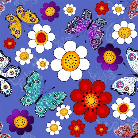 simsearch:400-05892168,k - Dark blue floral seamless pattern with flowers and butterflies (vector) Stock Photo - Budget Royalty-Free & Subscription, Code: 400-04356469