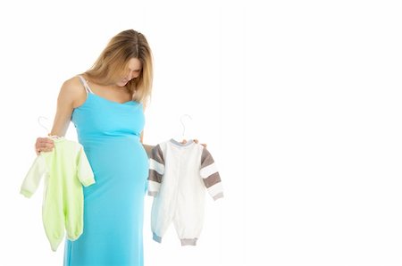 pregnant woman buying baby clothes isolated on white Stock Photo - Budget Royalty-Free & Subscription, Code: 400-04356673