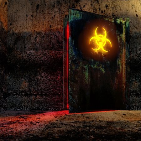Danger room in old bunker. Open the door with bio danger sign Photographie de stock - Aubaine LD & Abonnement, Code: 400-04356868