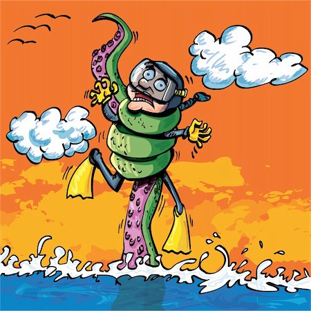 Cartoon diver attacked by tentacle coming out of the water Stock Photo - Budget Royalty-Free & Subscription, Code: 400-04357217