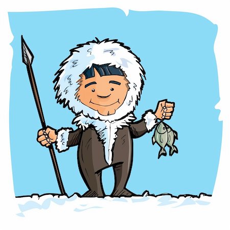 snow winter cartoon clipart - Cartoon eskimo with a spear and a fish. Blue sky and snow behind Stock Photo - Budget Royalty-Free & Subscription, Code: 400-04357240