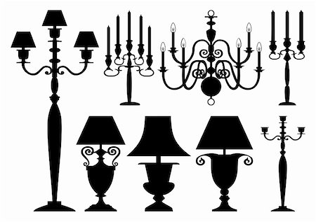 Lighting set, black silhouettes of antique candelabras and lamps on white background Stock Photo - Budget Royalty-Free & Subscription, Code: 400-04357531